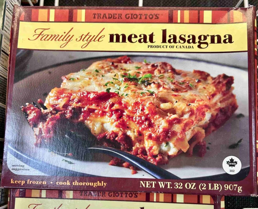 Family Style Meat Lasagna front of box. Healthy Frozen Meals Trader Joe's.
