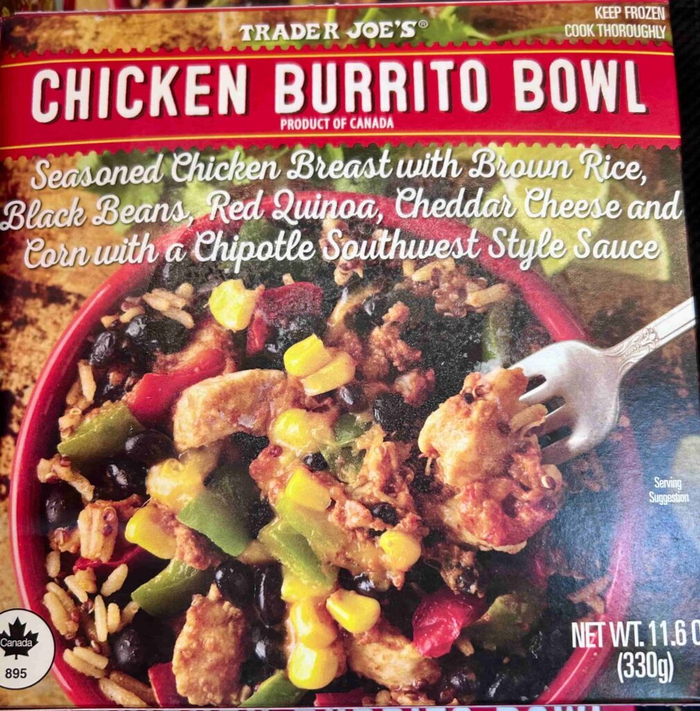 Chicken Burrito Bowl front of box.
Healthy Frozen Meals Trader Joe's. 