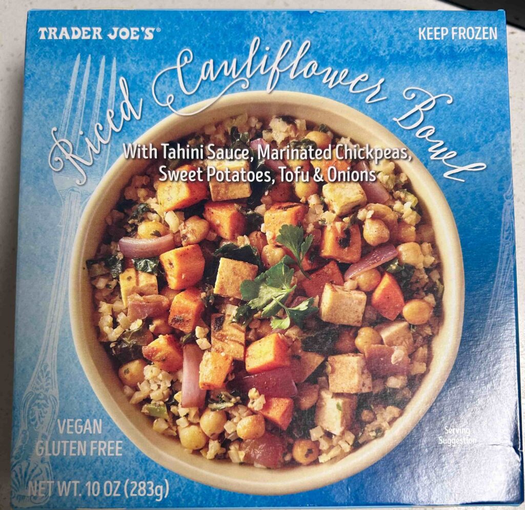 Riced Cauliflower Bowl front of box.
Healthy Frozen Meals Trader Joe's.