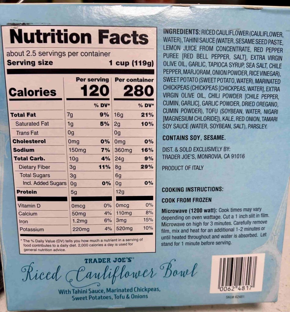 nutrition label riced cauliflower bowl. Healthy Frozen Meals Trader Joe's.