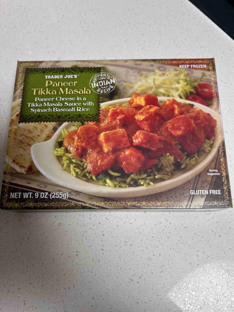 Paneer Tikka Masala front of box.
Healthy Frozen Meals Trader Joe's.
