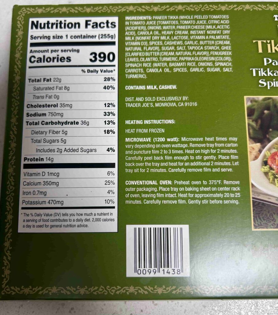 Paneer Tikka Masala nutrition label