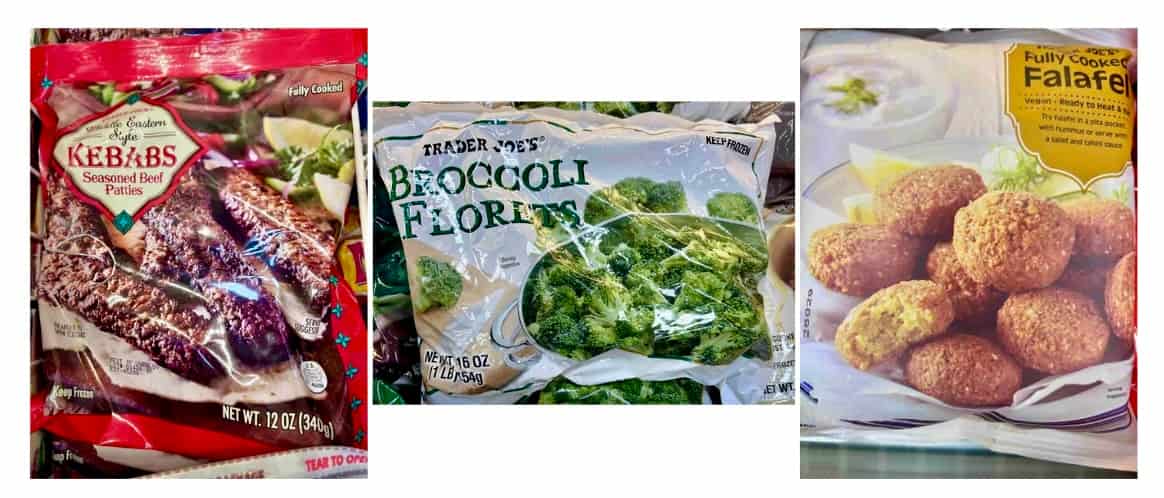 Trader Joe's Best Frozen Meals. Beef kebabs, broccoli florets, falafel.