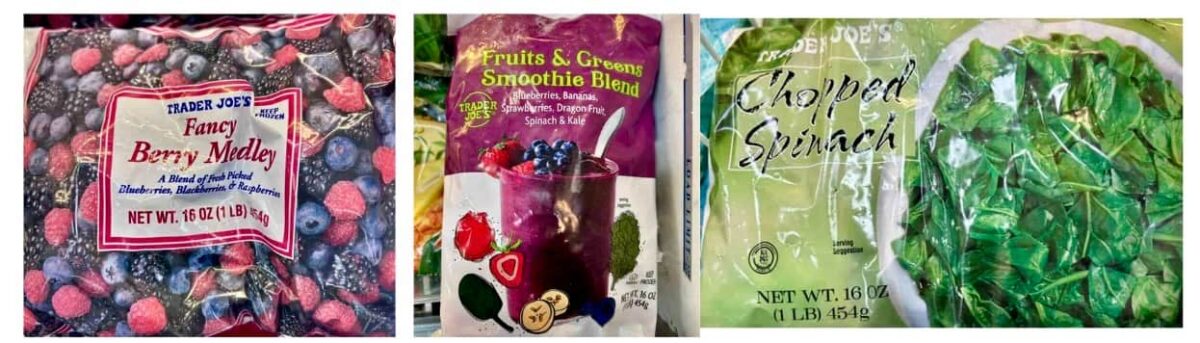 Trader Joe's Best Frozen Meals. Fancy Berry Medley. Fruits & Greens Smoothie Blend, Chopped spinach