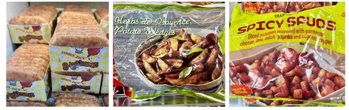 Trader Joe's Best Frozen Meals. Hash brown patties, herbs de Provence potato wedges, Spicy Spuds.