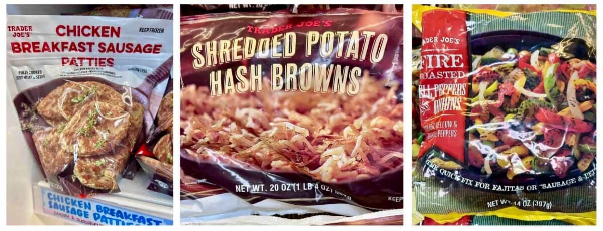 Trader Joe's Best Frozen Meals. Chicken breakfast Sausage patties. Shredded Potato Hash Browns, Fire Roasted bell peppers and onions. 