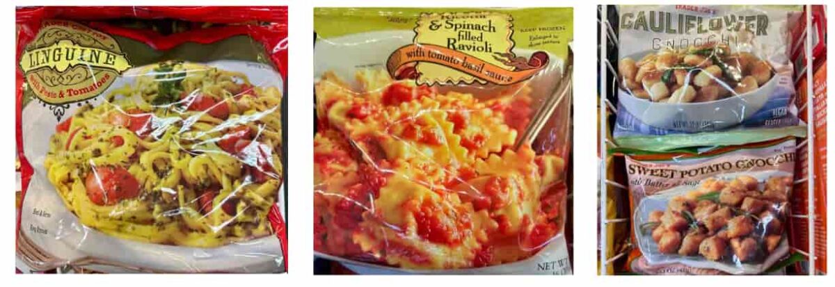 Linguine with pesto and tomatoes, Ricotta and spinach filled ravioli with tomato basil sauce, cauliflower and sweet potato gnocchi. 