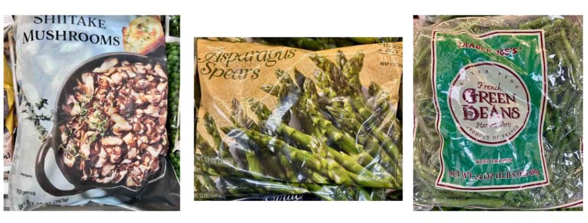 Trader Joe's Best Frozen Meals. Shiitake Mushrooms, asparagus spears, French Green Beans. 