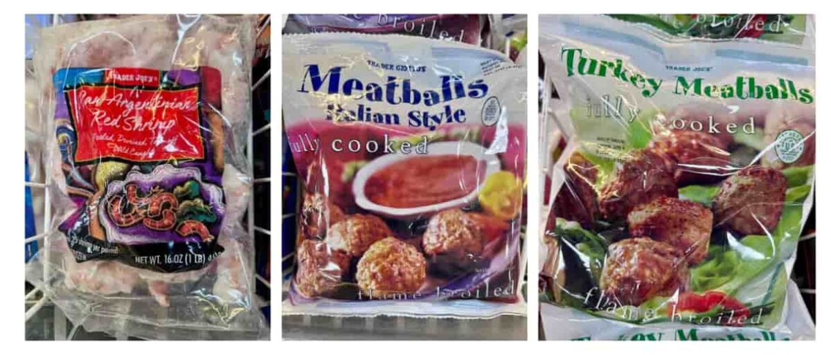 Trader Joe's Best Frozen Meals. Raw Argentinian Red Shrimp, meatballs Italian style, turkey meatballs. 