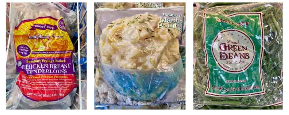 Trader Joe's Best Frozen Meals. Chicken breast tenderloins, mashed potatoes, French green beans. 